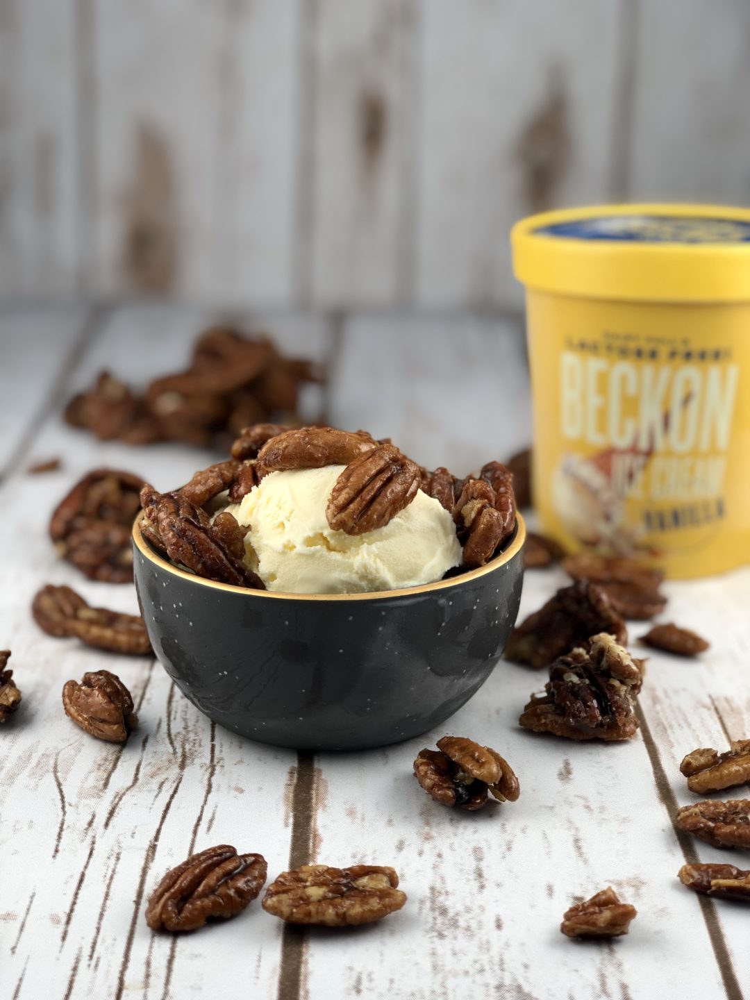 FODMAP Diet Desserts - candied pecans on top of vanilla ice cream