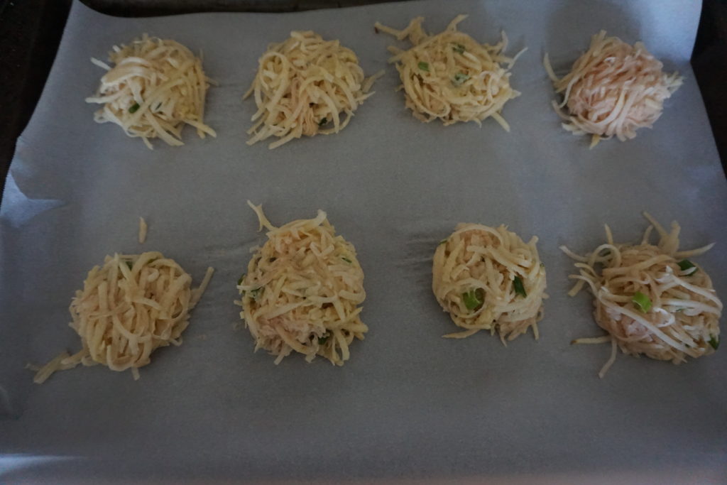 Latkes ready to go in the oven