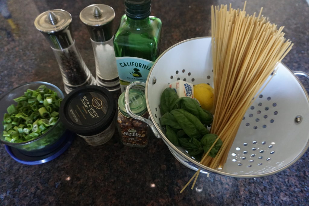 Crab Pasta Ingredients on the kitchen counter.