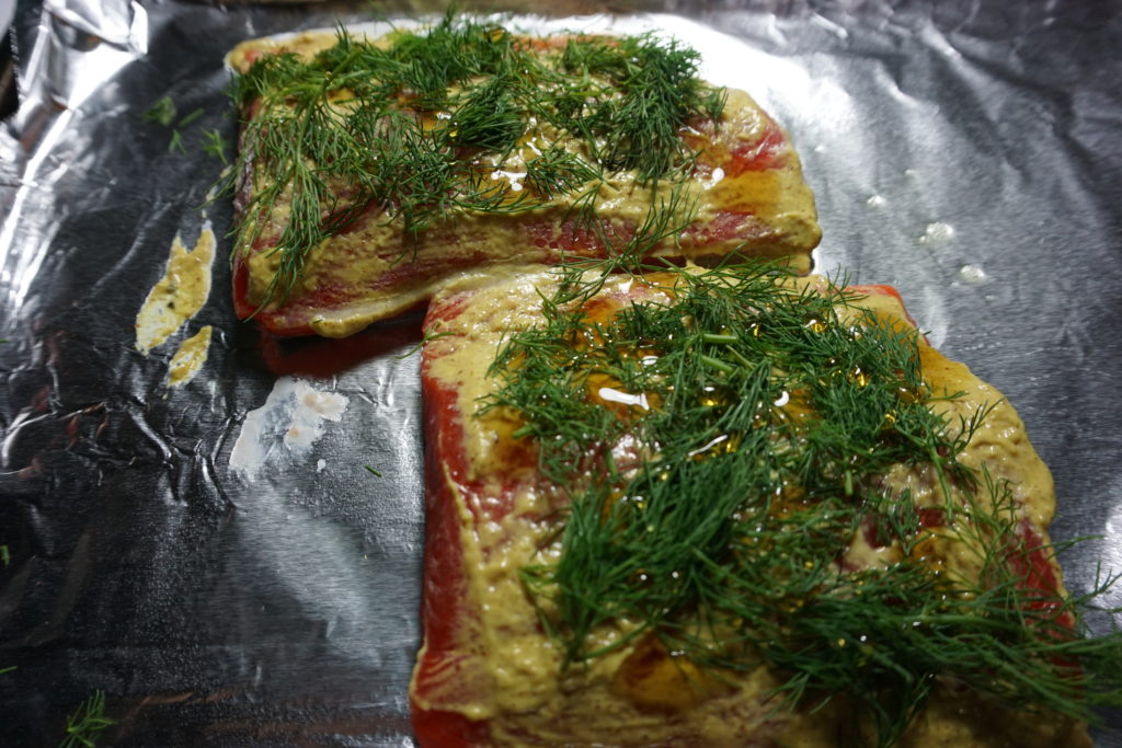 Dill Salmon about to be cooked - a delicious low FODMAP dinner.