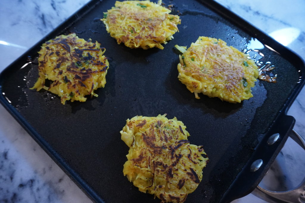 Pan Frying the Latkes.