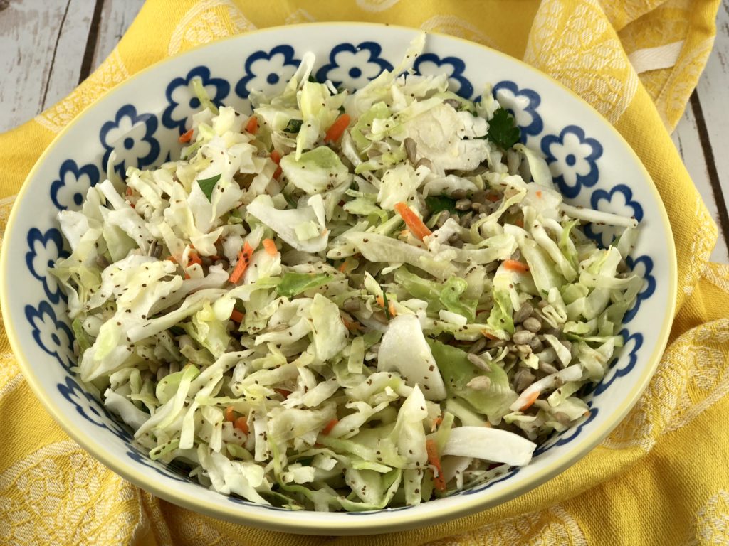 Low FODMAP Coleslaw in a flower bowl