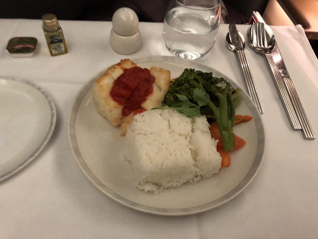 Singapore Airline: Dinner - halibut with steamed rice and vegetables