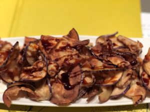 Eggplant chips with a drizzle of honey