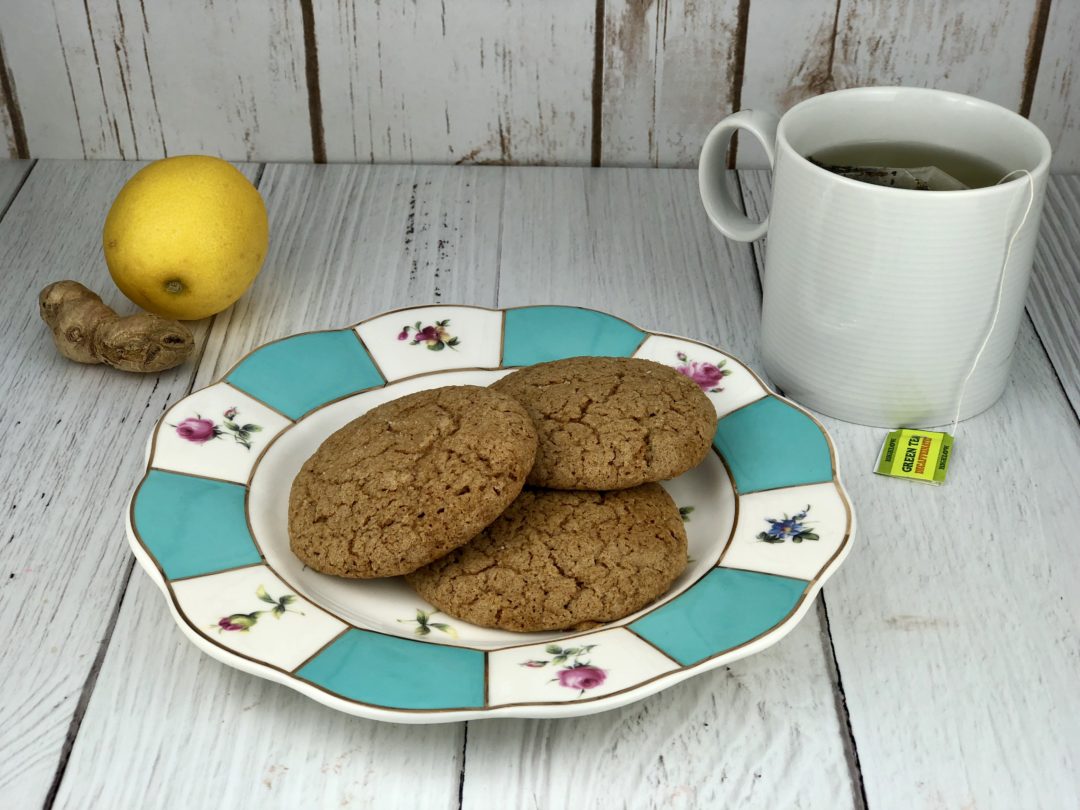 FODMAP Cookies - gingersnap cookies infused with lemon and mint on a floral plate