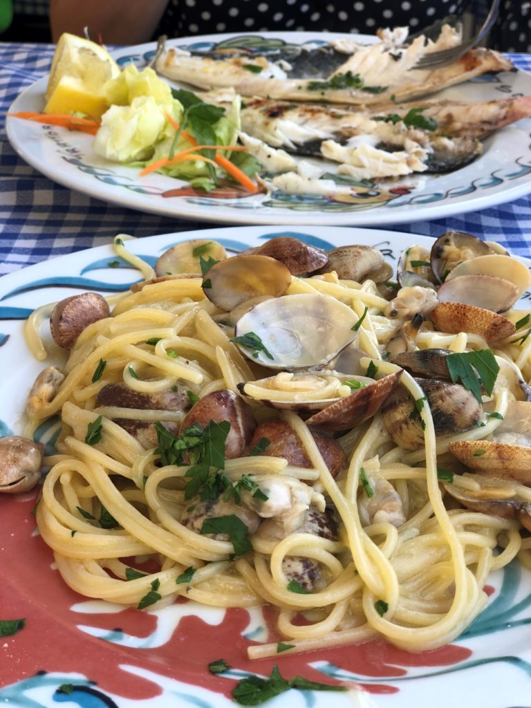 A plate of pasta and fish in Sorrento, Italy.