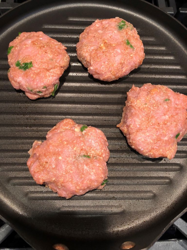 FODMAP safe turkey burgers on the grill pan.