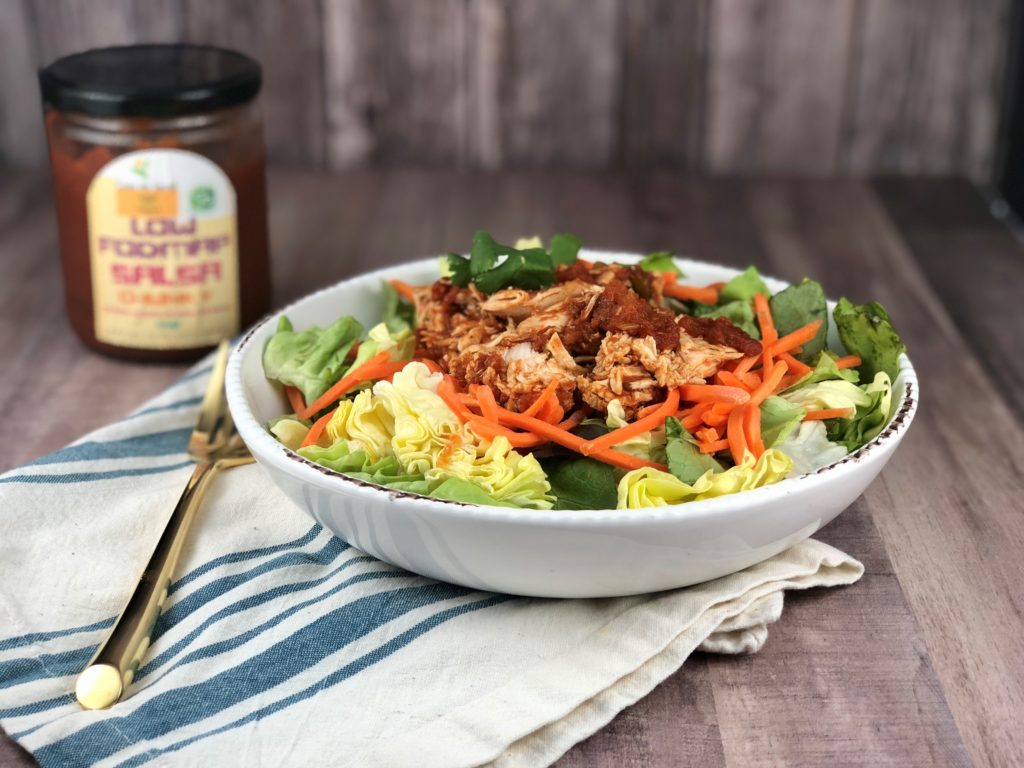FODMAP chicken recipe - Shredded Salsa Shredded Chicken over a salad