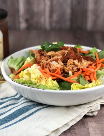 FODMAP chicken recipe - Shredded Salsa Shredded Chicken over a salad