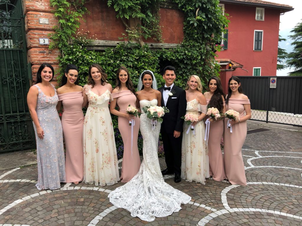 Bride & groom surrounded by their bridesmaids in Lake Como, Italy.