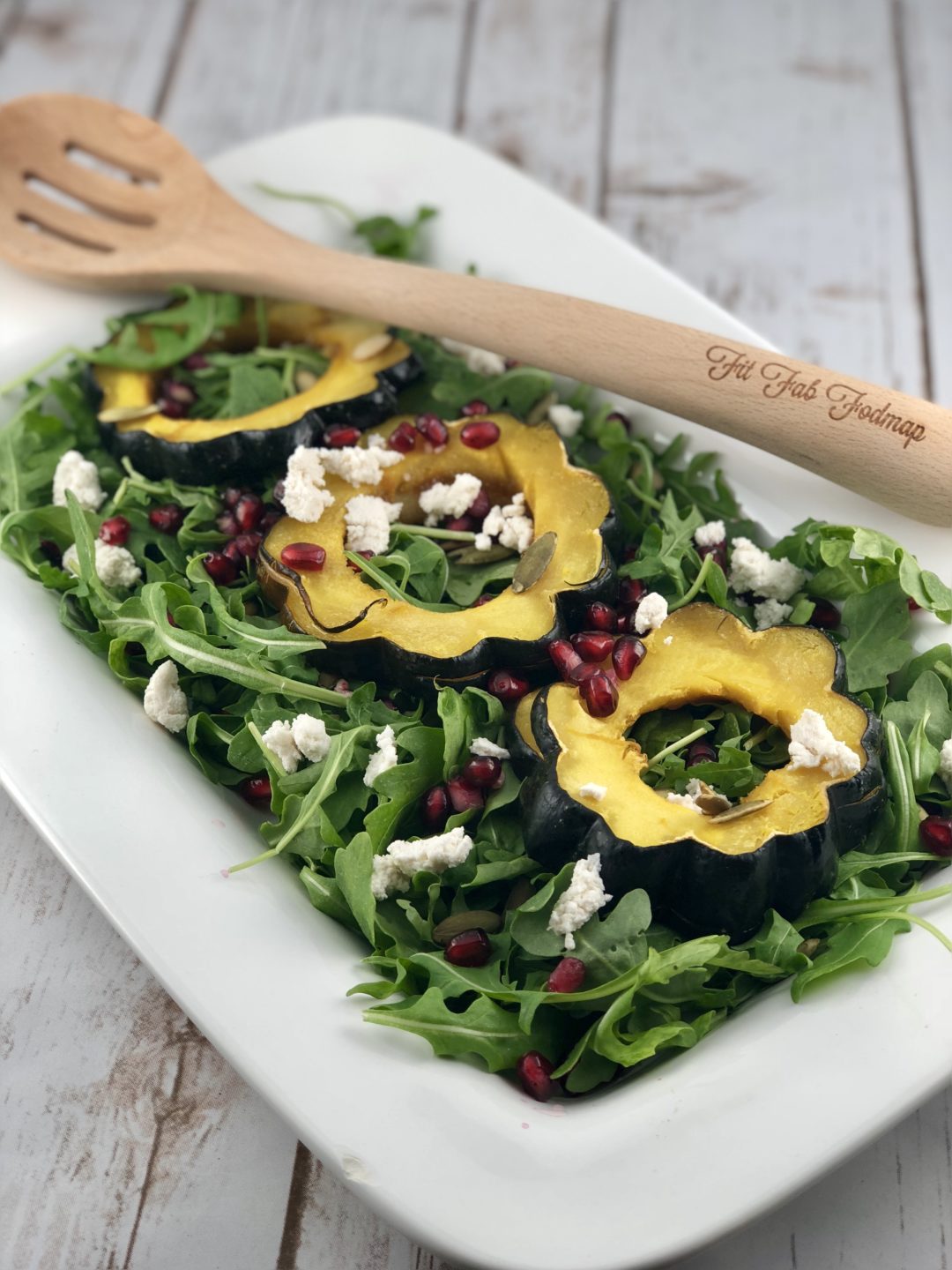 FODMAP Salad - roasted squash & arugula salad