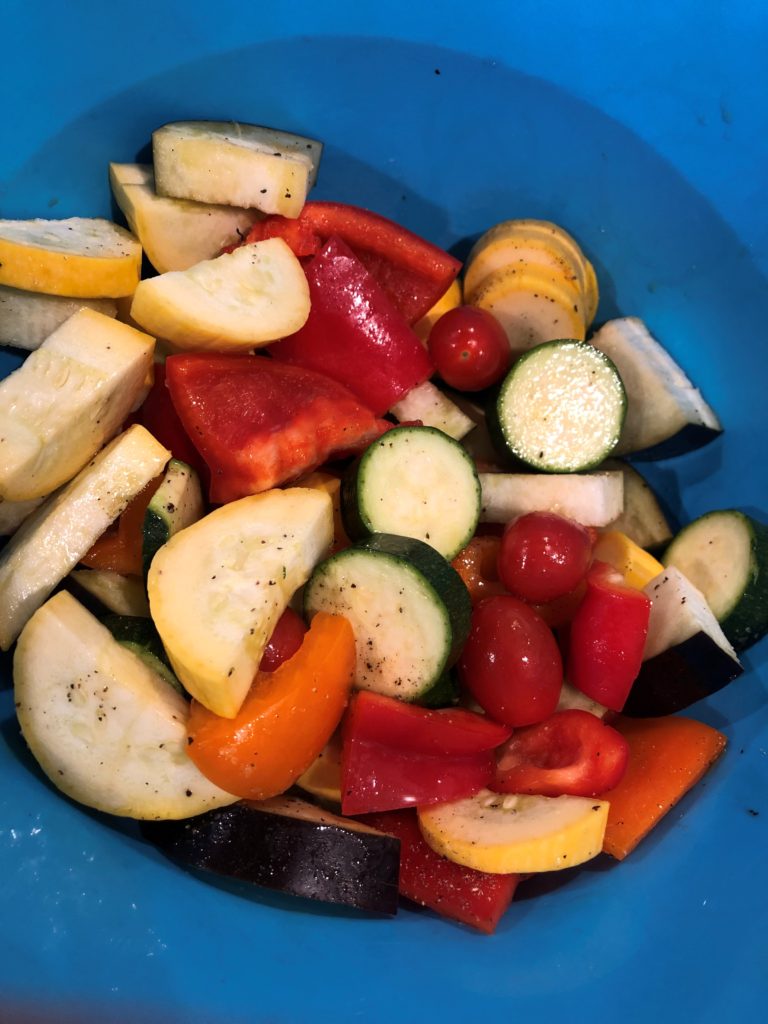 Vegetables sliced marinated and ready for skewers